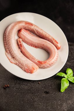 Çiğ kaya yılanbalığı balığı balığı, somon balığı, deniz ürünleri, küçük benekli kedi balığı, lezzetli çerez, lezzetli gurme yemek arka planı, masanın kırsal kesiminde, fotokopi alanı, pesseeter diyeti.