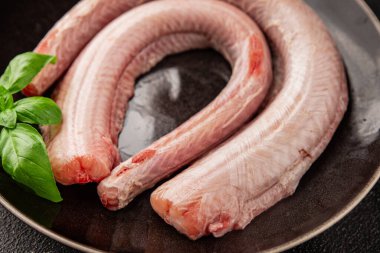 Çiğ kaya yılanbalığı balığı balığı, somon balığı, deniz ürünleri, küçük benekli kedi balığı, lezzetli çerez, lezzetli gurme yemek arka planı, masanın kırsal kesiminde, fotokopi alanı, pesseeter diyeti.