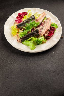 Uskumru salatası konserve balık, marul yaprağı lezzetli aperatif lezzetli gurme yemek masası kırsal yemek üst görüşü fotokopi alanı keto ve paleo diyeti vejetaryen vejetaryen diyeti.