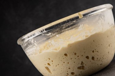 Çiğ hamur mayası başlangıç için lezzetli aperatif lezzetli gurme yemek masası arka plan kırsal yemek üst görünüm fotokopi alanı