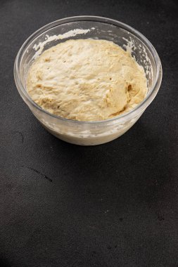 Çiğ hamur mayası başlangıç için lezzetli aperatif lezzetli gurme yemek masası arka plan kırsal yemek üst görünüm fotokopi alanı