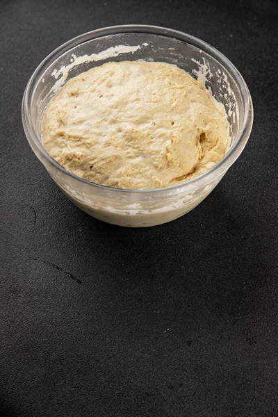 Çiğ hamur mayası başlangıç için lezzetli aperatif lezzetli gurme yemek masası arka plan kırsal yemek üst görünüm fotokopi alanı