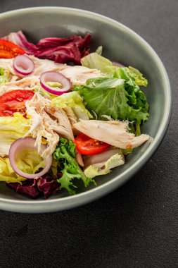 Salata tavuğu, et ve sebze domates, yeşil yaprak marul, soğan doğal ürün lezzetli aperatif taze lezzetli gurme yemek arka planı masa rustik üst manzara fotokopi alanı keto ve paleo diyeti
