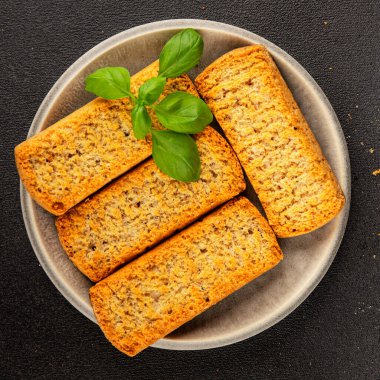 Toast bread grilletine breadcrumbs natural product tasty snack fresh delicious gourmet food background on the table rustic top view copy space