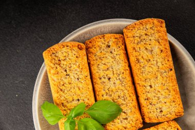 Toast bread grilletine breadcrumbs natural product tasty snack fresh delicious gourmet food background on the table rustic top view copy space