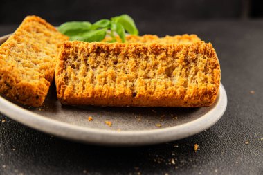 Toast bread grilletine breadcrumbs natural product tasty snack fresh delicious gourmet food background on the table rustic top view copy space