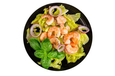 Karidesli salata, deniz ürünleri, lezzetli çerezler, lezzetli gurme yemek arka planı, rustik üst görünüm fotokopi alanı keto ve paleo diyeti, vejetaryen diyeti, pesseeter diyet.