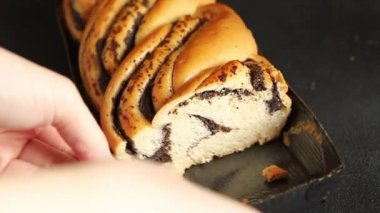 Haşhaş tohumu rulosu haşhaşlı tatlı tatlı tatlı tatlı haşhaşlı tohum lezzetli çerez taze gurme yemek masası kırsal yiyecekleri fotokopi odasına yerleştirdi.