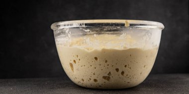 Çiğ hamur mayası başlangıç için lezzetli aperatif lezzetli gurme yemek masası arka plan kırsal yemek üst görünüm fotokopi alanı