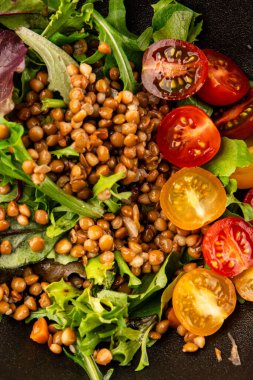 Mercimek salatası sebzeleri, domates, yeşil yaprak marul lezzetli aperatif lezzetli lezzetli gurme yemek masası kırsal üst görünüm fotokopi alanı keto ve paleo diyet vejetaryen ve vejetaryen yemekleri.