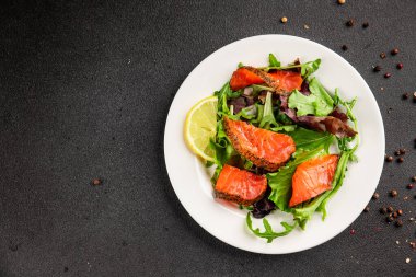 Somon salatası yeşil yaprak salatası deniz ürünleri doğal sağlıklı yemek ana yemek ana yemek aperatif taze gurme yemek arka plan masa rustik gıda üst görünüm fotokopi uzay keto ve paleo diyet vejetaryen diyet pesseeter diyet