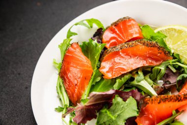 Somon salatası yeşil yaprak salatası deniz ürünleri doğal sağlıklı yemek ana yemek ana yemek aperatif taze gurme yemek arka plan masa rustik gıda üst görünüm fotokopi uzay keto ve paleo diyet vejetaryen diyet pesseeter diyet