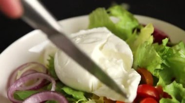 Burrata salatası domates, mor soğan, yeşil yaprak marul lezzetli aperatif taze gurme yemek masası kırsal yemek üst görünüm fotokopi alanı keto ve paleo diyet vejetaryen yemeği.