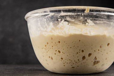 Çiğ hamur mayası başlangıç için lezzetli aperatif lezzetli gurme yemek masası arka plan kırsal yemek üst görünüm fotokopi alanı