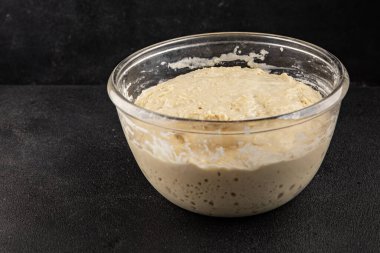 Çiğ hamur mayası başlangıç için lezzetli aperatif lezzetli gurme yemek masası arka plan kırsal yemek üst görünüm fotokopi alanı