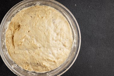 Çiğ hamur mayası başlangıç için lezzetli aperatif lezzetli gurme yemek masası arka plan kırsal yemek üst görünüm fotokopi alanı