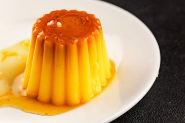 Flan dessert caramel pudding sweet dessert cream tasty snack fresh delicious gourmet food background on the table rustic food top view copy space