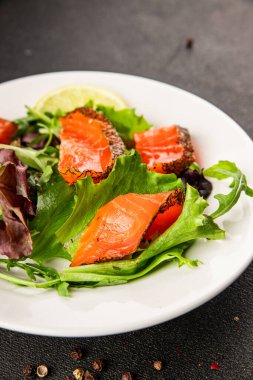 Somon salatası yeşil yaprak salatası deniz ürünleri doğal sağlıklı yemek ana yemek ana yemek aperatif taze gurme yemek arka plan masa rustik gıda üst görünüm fotokopi uzay keto ve paleo diyet vejetaryen diyet pesseeter diyet
