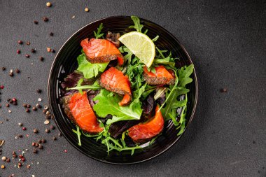 Somon salatası yeşil yaprak salatası deniz ürünleri doğal sağlıklı yemek ana yemek ana yemek aperatif taze gurme yemek arka plan masa rustik gıda üst görünüm fotokopi uzay keto ve paleo diyet vejetaryen diyet pesseeter diyet