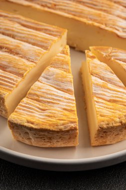 Yumuşak peynirli Tartiflette lezzetli inek sütü, keçi ya da koyun eti aperatifi lezzetli gurme yemek arkaplanı masa rustik gıda üst görünümü fotokopi alanı