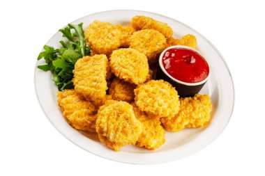 Tavuk nuggetları fast food doğal lezzetli aperatifler taze lezzetli gurme yemek arka planı masa rustik üst görünüm fotokopi alanı