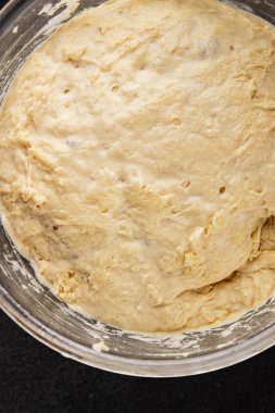 Çiğ hamur mayası başlangıç için lezzetli aperatif lezzetli gurme yemek masası arka plan kırsal yemek üst görünüm fotokopi alanı