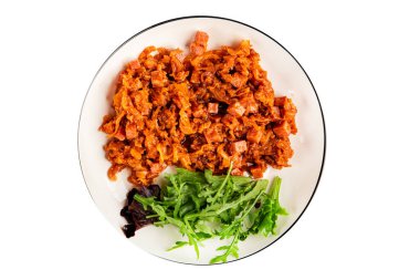 Jambon küp domates soslu haşlanmış lahana, haşlanmış lahana, sebze, sağlıklı yemek ana yemek, aperatif, taze lezzetli masa, gurme yemek arka planı, rustik gıda üst görünüm, fotokopi alanı.