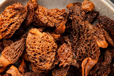 Morels mantarları doğal mantarları sağlıklı yiyecekleri aperatifleri taze lezzetli gurme yemek arka planlarını masadaki rustik yiyecekleri fotokopi alanı keto ve paleo diyeti vejetaryen ve vejetaryen yemekleri.