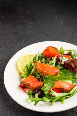 Somon salatası yeşil yaprak salatası deniz ürünleri doğal sağlıklı yemek ana yemek ana yemek aperatif taze gurme yemek arka plan masa rustik gıda üst görünüm fotokopi uzay keto ve paleo diyet vejetaryen diyet pesseeter diyet