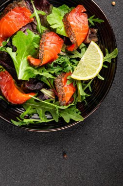 Somon salatası yeşil yaprak salatası deniz ürünleri doğal sağlıklı yemek ana yemek ana yemek aperatif taze gurme yemek arka plan masa rustik gıda üst görünüm fotokopi uzay keto ve paleo diyet vejetaryen diyet pesseeter diyet