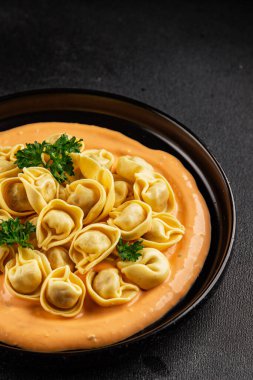 Kase içinde Ravioli makarna sosu ana yemek hazır aperatif lezzetli leziz gurme yemek arkaplanı masa rustik yemek üst görünümü fotokopi alanı