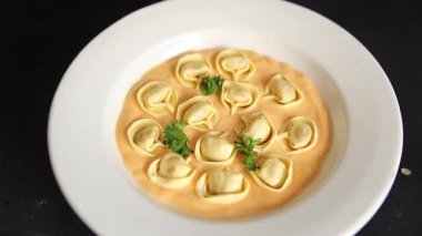 Ravioli makarna kasesi sosu ana yemek yemek hazır aperatif lezzetli gurme yemek arka planı masa kırsal yemek üst görünüm fotokopi alanı