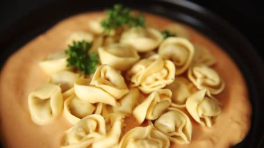 Ravioli makarna kasesi sosu ana yemek yemek hazır aperatif lezzetli gurme yemek arka planı masa kırsal yemek üst görünüm fotokopi alanı