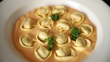 Ravioli makarna kasesi sosu ana yemek yemek hazır aperatif lezzetli gurme yemek arka planı masa kırsal yemek üst görünüm fotokopi alanı