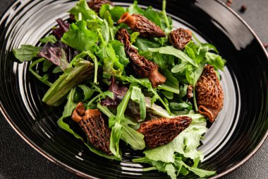 Morel salatası mantarları, yeşil yaprak marul lezzetli aperatif masadaki lezzetli gurme yemek arka planı kırsal yemek fotokopi alanı keto ve paleo diyet vejetaryen ve vejetaryen yemekleri.