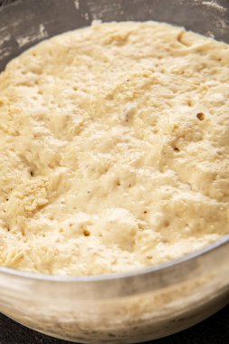 Çiğ hamur mayası mayalı mayalı başlangıç lezzetli aperatif taze gurme yemek arkaplanı masa rustik gıda üst görünümü fotokopi uzay pazarlama konsepti fotoğrafı