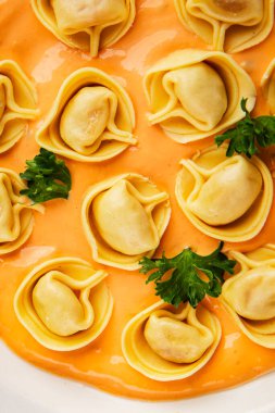 Kase içinde Ravioli makarna sosu ana yemek hazır aperatif lezzetli leziz gurme yemek arkaplanı masa rustik yemek üst görünümü fotokopi alanı