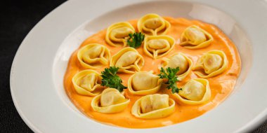 Kase içinde Ravioli makarna sosu ana yemek hazır aperatif lezzetli leziz gurme yemek arkaplanı masa rustik yemek üst görünümü fotokopi alanı