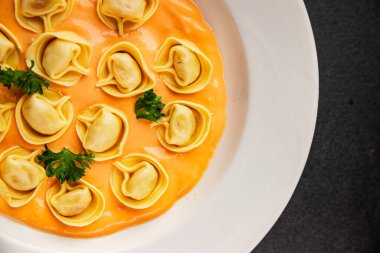 Kase içinde Ravioli makarna sosu ana yemek hazır aperatif lezzetli leziz gurme yemek arkaplanı masa rustik yemek üst görünümü fotokopi alanı