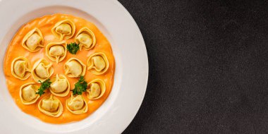 Kase içinde Ravioli makarna sosu ana yemek hazır aperatif lezzetli leziz gurme yemek arkaplanı masa rustik yemek üst görünümü fotokopi alanı