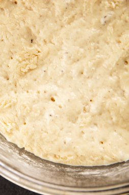 Çiğ hamur mayası mayalı mayalı başlangıç lezzetli aperatif taze gurme yemek arkaplanı masa rustik gıda üst görünümü fotokopi uzay pazarlama konsepti fotoğrafı