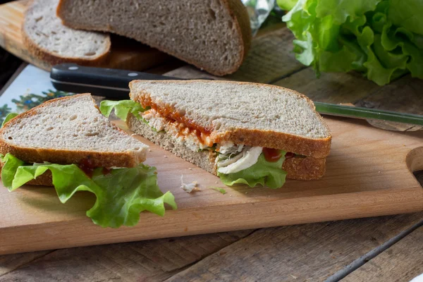 Open sandwich, bread, lettuce, meat, sauce spring — Stock Photo, Image