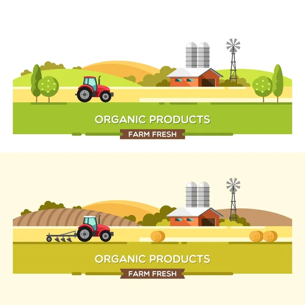 オーガニック製品。農業と農業。アグリ ビジネス。農村の風景です。情報グラフィック、web サイトとプリント メディアの要素をデザインします。ベクトル図. — ストックベクタ