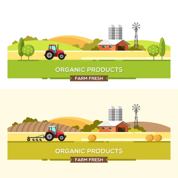 Produits biologiques. Agriculture et agriculture. Agro-alimentaire. Paysage rural. Eléments de conception pour l'infographie, les sites Web et les médias imprimés. Illustration vectorielle . — Image vectorielle