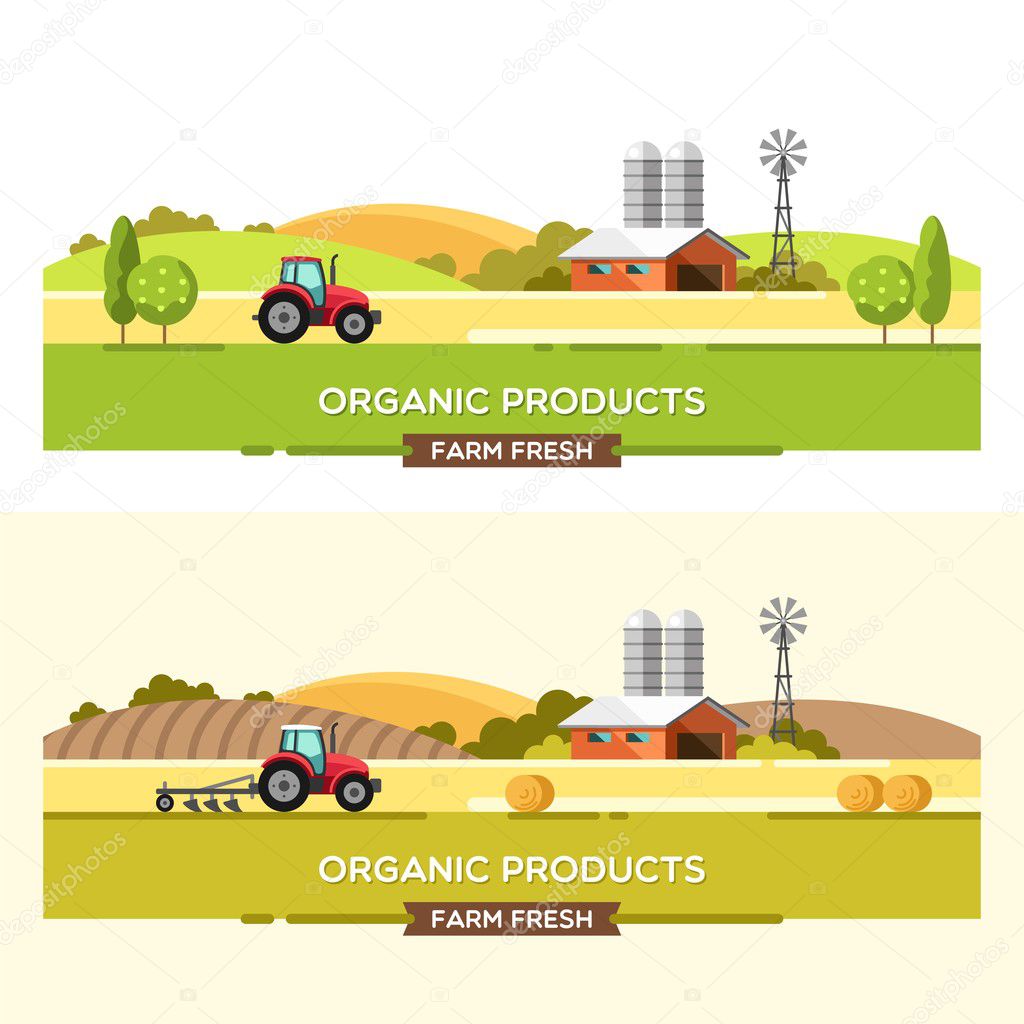 Organic products. Agriculture and Farming. Agribusiness. Rural landscape. Design elements for info graphic, websites and print media. Vector illustration.