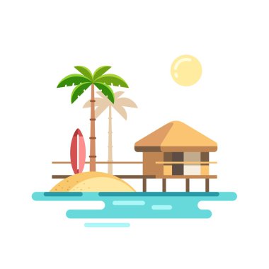 Tropikal peyzaj bungalov ile. Vektör düz çizim.