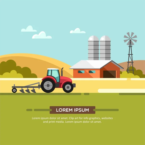 Agricultura y agricultura de fondo con molino de viento, tractor y granero. Agroindustria. Ilustración vectorial . — Archivo Imágenes Vectoriales