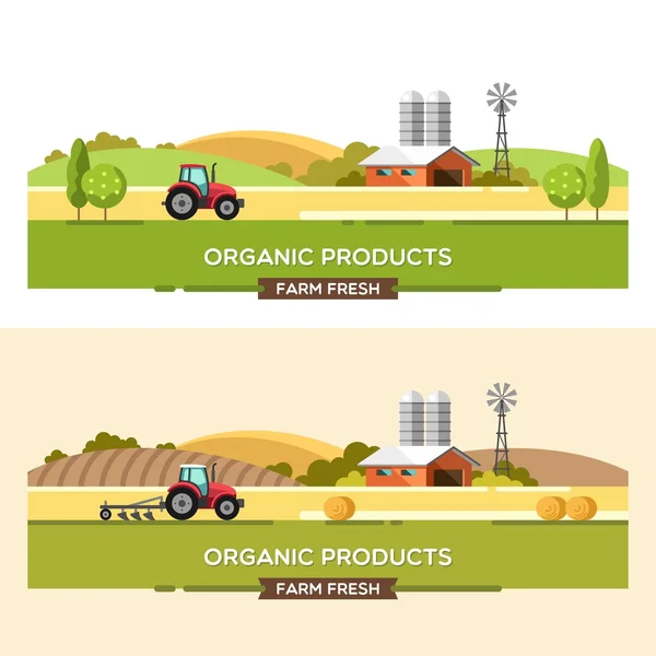 Produtos orgânicos. Agricultura e Agricultura. Agronegócio. Paisagem rural. Elementos de design para informações gráficas, sites e mídia impressa. Ilustração vetorial . — Vetor de Stock