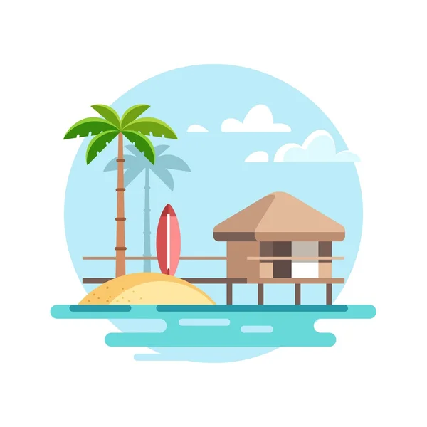 Paisagem tropical com bangalô. Ilustração plana vetorial . — Vetor de Stock