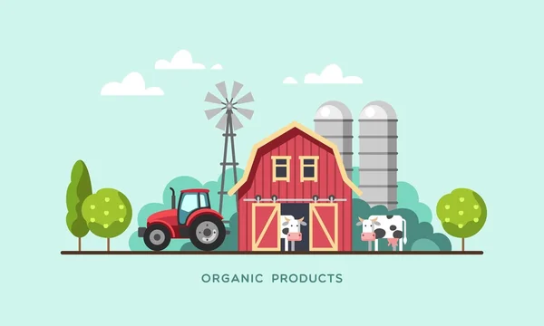 Fondo agrícola con granero, molino de viento, tractor y vacas. Productos orgánicos, concepto de productos frescos de granja. Ilustración vectorial . — Archivo Imágenes Vectoriales